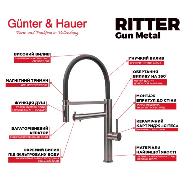 Фото - Смеситель кухонный Gunter & Hauer RITTER Gun Metal